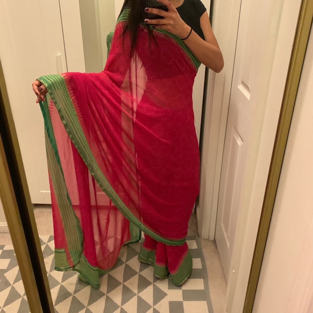 Beautiful pink and green chiffon sari. No blouse
